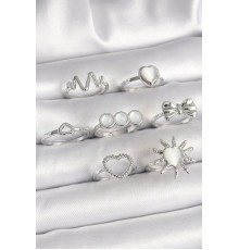 Pirinç Gümüş Renk Beyaz Sedefli Kalp Figür Kurdele Detay Kadın Yüzük Kombini - TJ-BYK3660