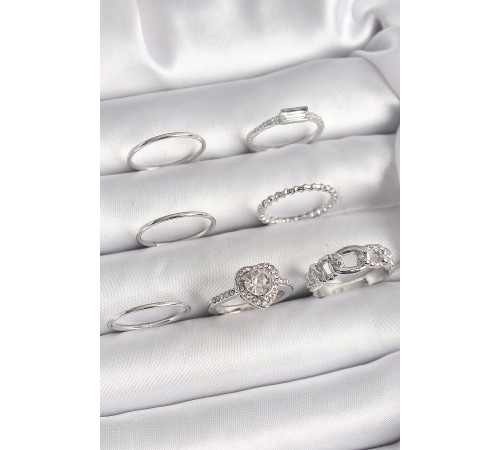 Pirinç Gümüş Renk Zirkon Taşlı Kalp Model Kadın Yüzük Kombini - TJ-BYK3661