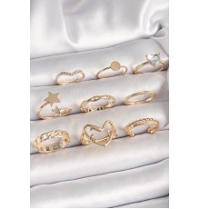 Pirinç Gold Renk Zirkon Taş Detaylı Kalp Yıldız Figür Kadın Yüzük Kombini - TJ-BYK3662