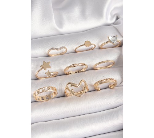 Pirinç Gold Renk Zirkon Taş Detaylı Kalp Yıldız Figür Kadın Yüzük Kombini - TJ-BYK3662