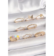 Pirinç Gold Renk Renkli Kalp Model İnci Detay Kadın Yüzük Kombini - TJ-BYK3663