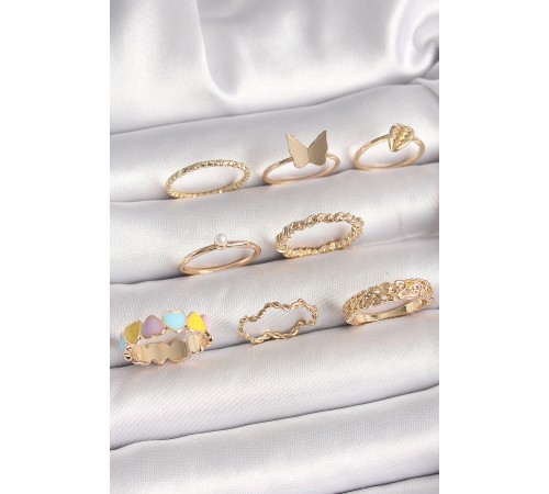 Pirinç Gold Renk Renkli Kalp Model İnci Detay Kadın Yüzük Kombini - TJ-BYK3663