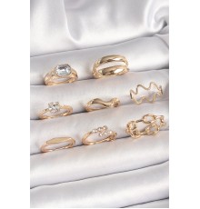 Pirinç Gold Renk Zirkon Taşlı Dalga Model Zincir Detay Kadın Yüzük Kombini - TJ-BYK3664