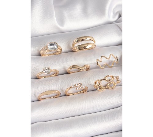 Pirinç Gold Renk Zirkon Taşlı Dalga Model Zincir Detay Kadın Yüzük Kombini - TJ-BYK3664