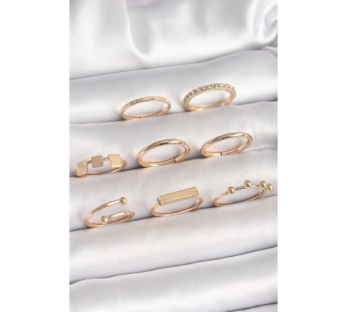 Pirinç Gold Renk Goemetrik Sembol Model Zirkon Taş Detaylı Kadın Yüzük Kombini - TJ-BYK3665