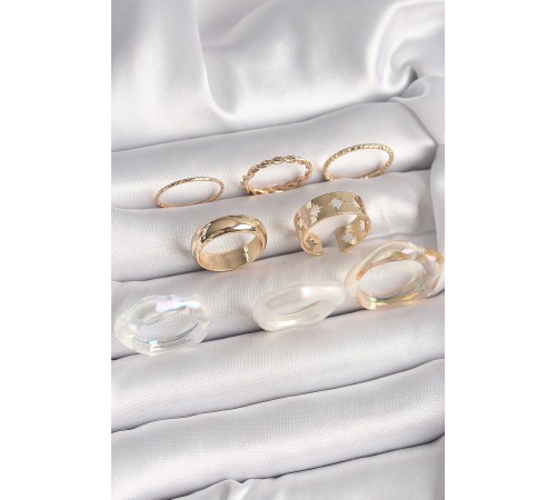 Pirinç Gold Renk Beyaz Akrilik Plastik Modek Kutup Yıldız İşleme Detay Kadın Yüzük Kombini - TJ-BYK3666