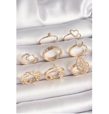 Pirinç Gold Renk Zirkon Taşlı Kalp Model Kutup Yıldız Detay Kadın Yüzük Kombini - TJ-BYK3667