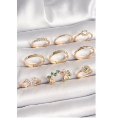 Pirinç Gold Renk Renkli Zirkon Taşlı Kadın Yüzük Kombini - TJ-BYK3668