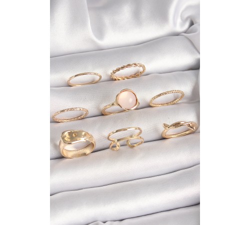 Pirinç Gold Renk Pembe Mineli Kemer Model Kadın Yüzük Kombini - TJ-BYK3669