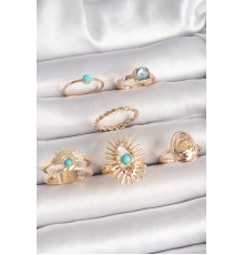 Pirinç Gold Renk Mavi Taşlı Göz Model Kare Zirkon Taşlı Kadın Yüzük Kombini - TJ-BYK3670