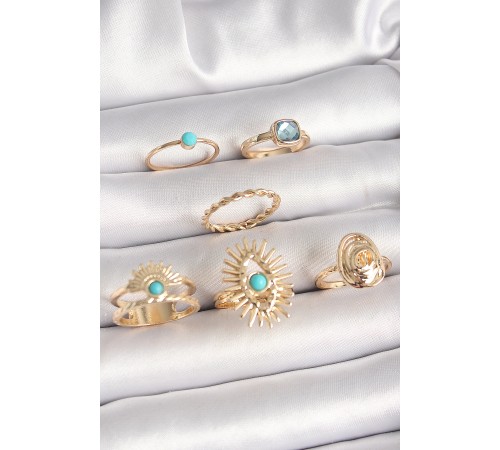 Pirinç Gold Renk Mavi Taşlı Göz Model Kare Zirkon Taşlı Kadın Yüzük Kombini - TJ-BYK3670