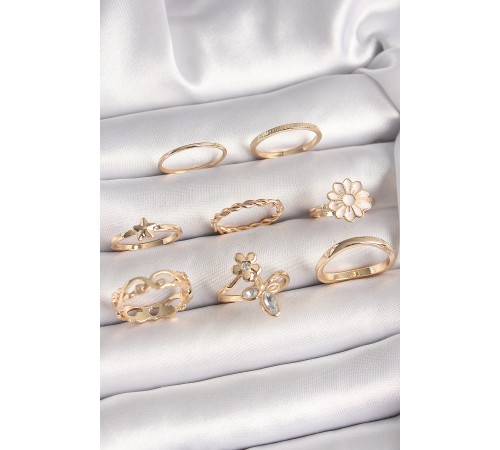 Pirinç Gold Renk Çiçek Model Zirkon Taş Detay Kadın Yüzük Kombini - TJ-BYK3671