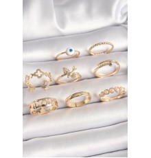 Pirinç Gold Renk Nazar Boncuk Model Kuş Detay Kadın Yüzük Kombini - TJ-BYK3672