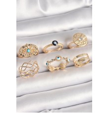 Pirinç Gold Renk Mavi Taşlı Zirkon Taş Detaylı Dalga Model Kadın Yüzük Kombini - TJ-BYK3675