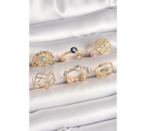 Pirinç Gold Renk Mavi Taşlı Zirkon Taş Detaylı Dalga Model Kadın Yüzük Kombini - TJ-BYK3675