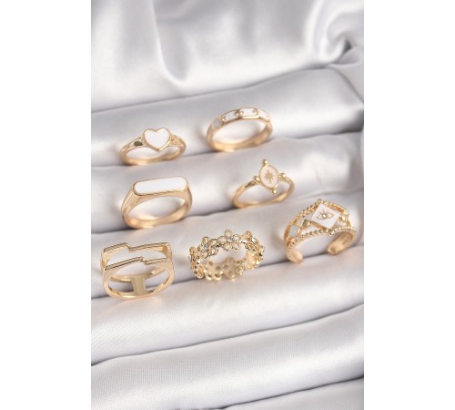 Pirinç Gold Renk Beyaz Mineli Kalp Zirkon Taşlı Çiçek Detay Kadın Yüzük Kombini - TJ-BYK3676