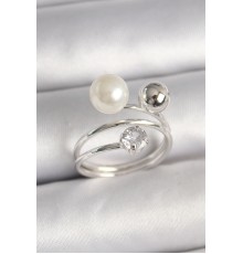 Pirinç Gümüş Renk Zirkon Taşlı Toplu İnci Model Kadın Yüzük - TJ-BYK3678