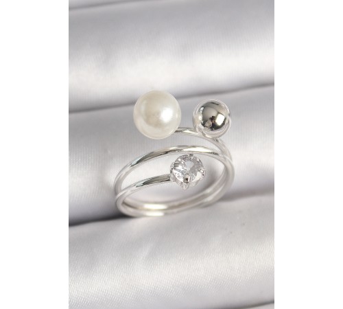 Pirinç Gümüş Renk Zirkon Taşlı Toplu İnci Model Kadın Yüzük - TJ-BYK3678