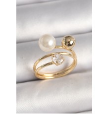Pirinç Gold Renk Zirkon Taşlı Top İnci Model Kadın Yüzük - TJ-BYK3679