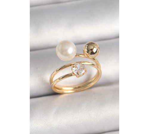 Pirinç Gold Renk Zirkon Taşlı Top İnci Model Kadın Yüzük - TJ-BYK3679
