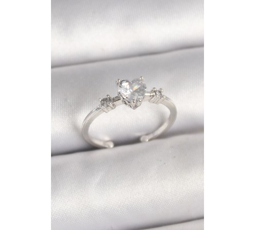 Pirinç Gümüş Renk Zirkon Taşlı Kalp Model Ayarlanabilir Kadın Yüzük - TJ-BYK3684