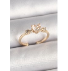 Pirinç Gold Renk Zirkon Taşlı Kalp Model Ayarlanabilir Kadın Yüzük - TJ-BYK3685