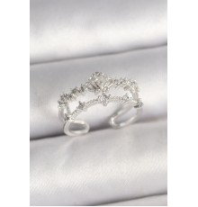 Pirinç Gümüş Renk Zirkon Taşlı Taç Model Ayarlanabilir Kadın Yüzük - TJ-BYK3686