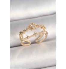 Pirinç Gold Renk Zirkon Taşlı Taç Model Ayarlanabilir Kadın Yüzük - TJ-BYK3687