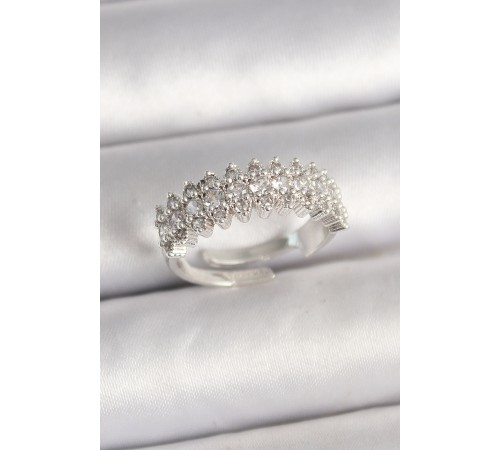 Pirinç Gümüş Renk Zirkon Taşlı Ayarlanabilir Kadın Yüzük - TJ-BYK3688