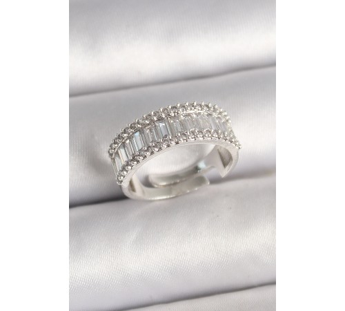 Pirinç Gümüş Renk Su Yolu Zirkon Taşlı Ayarlanabilir Model Kadın Yüzük - TJ-BYK3696