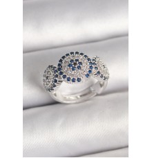 Pirinç Gümüş Renk Zirkon Taşlı Nazar Boncuk Model Ayarlanabilir Kadın Yüzük - TJ-BYK3699