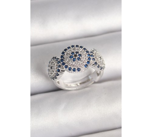 Pirinç Gümüş Renk Zirkon Taşlı Nazar Boncuk Model Ayarlanabilir Kadın Yüzük - TJ-BYK3699