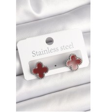 Pirinç Gümüş Renk Bordo Yonca Model Kadın Küpe - TJ-BKP10359