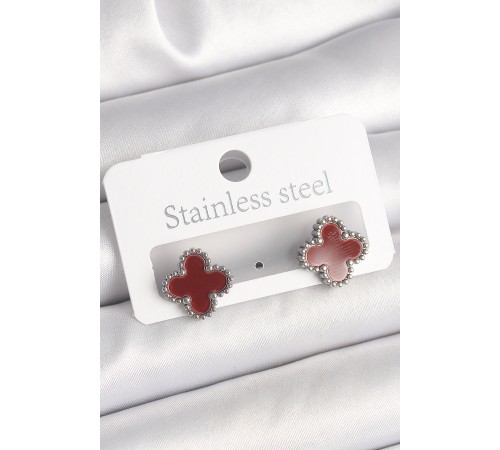 Pirinç Gümüş Renk Bordo Yonca Model Kadın Küpe - TJ-BKP10359