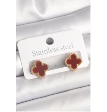 Pirinç Gold Renk Bordo Yonca Model Kadın Küpe - TJ-BKP10360