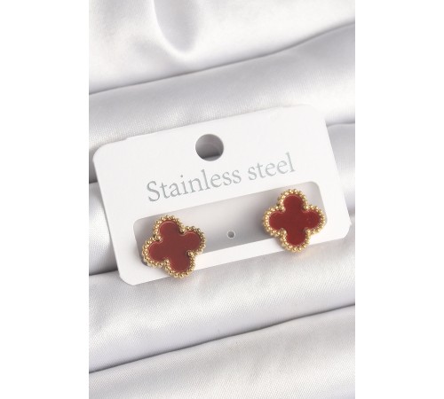 Pirinç Gold Renk Bordo Yonca Model Kadın Küpe - TJ-BKP10360