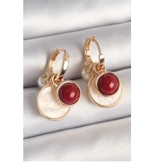 Pirinç Gold Renk Sallantı Beyaz Mineli Bordo Detay Kadın Küpe - TJ-BKP10362