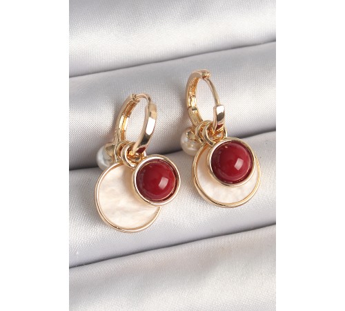 Pirinç Gold Renk Sallantı Beyaz Mineli Bordo Detay Kadın Küpe - TJ-BKP10362