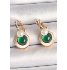 Pirinç Gold Renk Beyaz Yeşil Sallantı Mineli Kadın Küpe - TJ-BKP10363