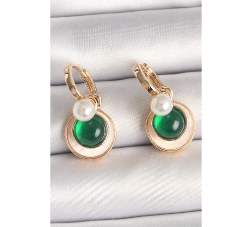 Pirinç Gold Renk Beyaz Yeşil Sallantı Mineli Kadın Küpe - TJ-BKP10363