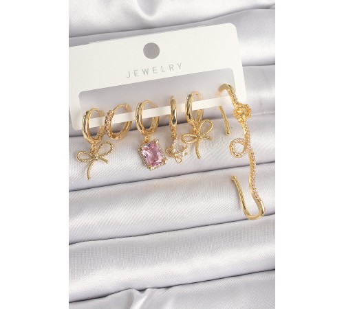 Pirinç Gold Renk Sallantı Kurdele Model Pembe Kare Zirkon Taşlı Kadın Küpe Seti - TJ-BKP10367