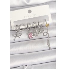 Pirinç Gümüş Renk Sallantı Kurdele Kuyruklu Yıldız Figür Pembe Kare Zirkon Taş Detay Kadın Küpe Seti - TJ-BKP10368