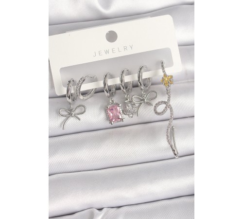 Pirinç Gümüş Renk Sallantı Kurdele Kuyruklu Yıldız Figür Pembe Kare Zirkon Taş Detay Kadın Küpe Seti - TJ-BKP10368