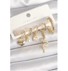 Pirinç Gold Renk Sallantı Yılan Model Zirkon Taşlı Halka Kilit Kalp Detay Kadın Küpe Seti - TJ-BKP10369
