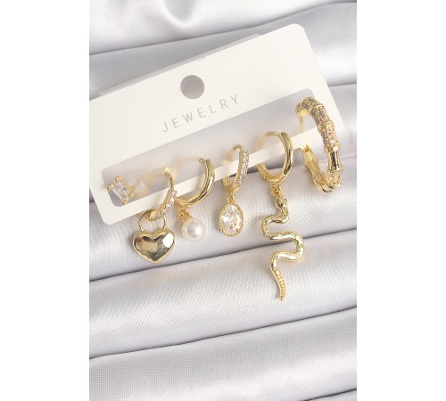 Pirinç Gold Renk Sallantı Yılan Model Zirkon Taşlı Halka Kilit Kalp Detay Kadın Küpe Seti - TJ-BKP10369