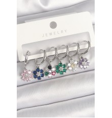 Pirinç Gümüş Renk Sallantı Renkli Zirkon Taşlı Çiçek Model Kadın Küpe Seti - TJ-BKP10370