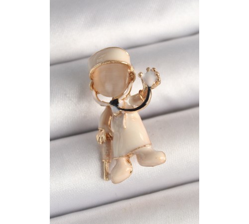 Pirinç Gold Renk Beyaz Mineli Doktor Model Kadın Broş - TJ-BR428