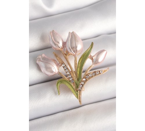 Pirinç Gold Renk Lale Model Zirkon Taş Detay Kadın Broş - TJ-BR433