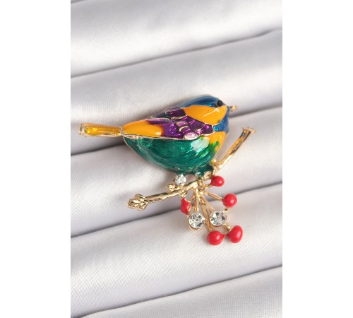 Pirinç Gold Renk Renkli Kuş Model Zirkon Taş Detay Kadın Broş - TJ-BR434