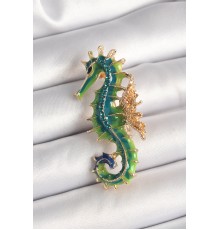 Pirinç Gold Renk Yeşil Deniz Atı Model Zirkon Taş Detay Kadın Broş - TJ-BR435